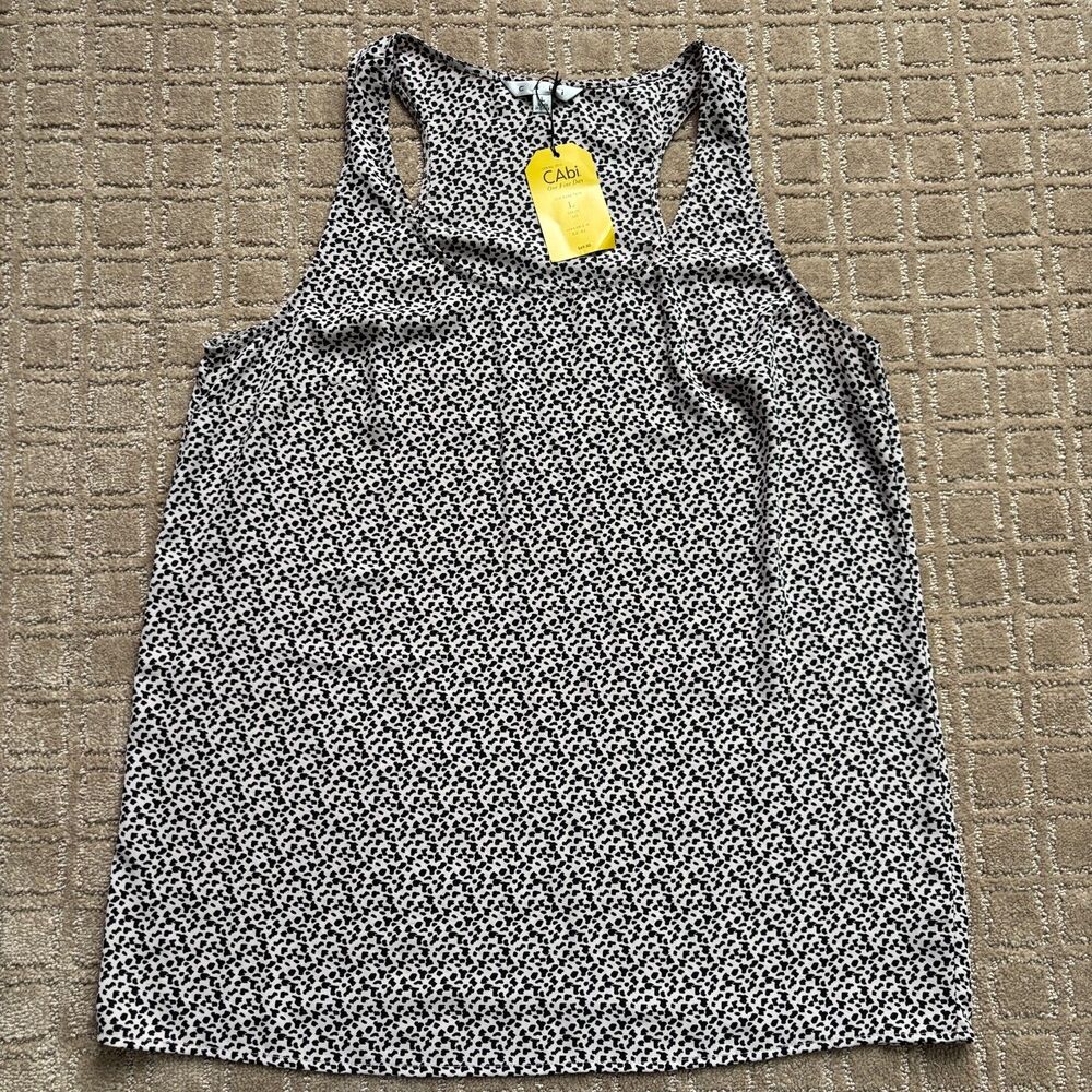 Cabi Easy Racer Back Tank Top Women's L Black White Leopard Animal Spots Silky
